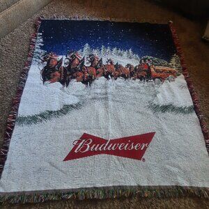 Vintage Budweiser Clydesdale Throw Blanket Tapestry Fringe Holiday Christmas Sno
